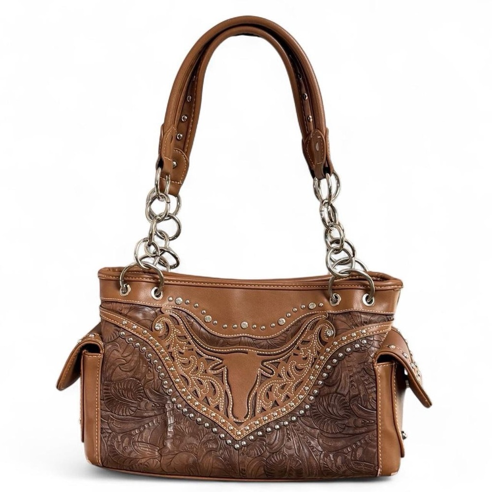 American Bling Western Concealed Carry Purse Brown Studded Tooled Bag